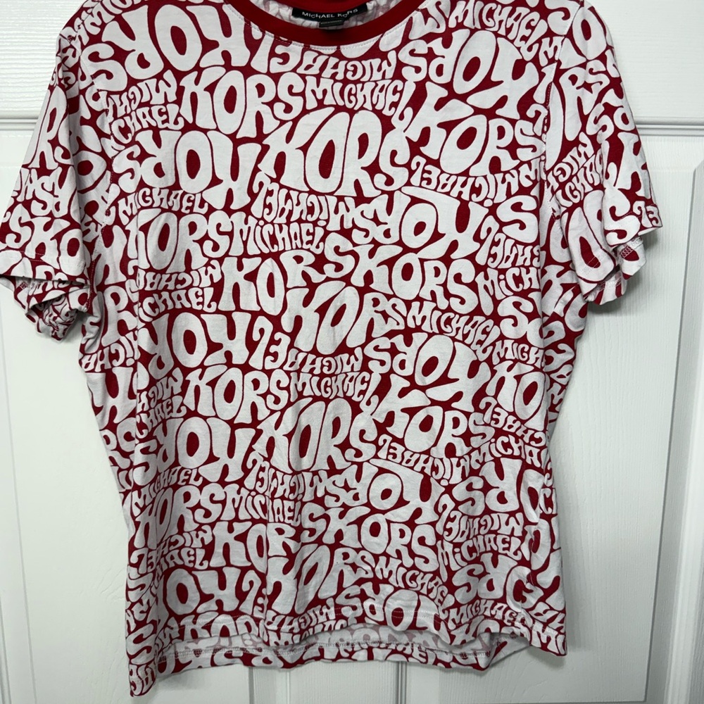 Michael Kors Red White Allover Logo Graphic Tee Women’s Size Medium